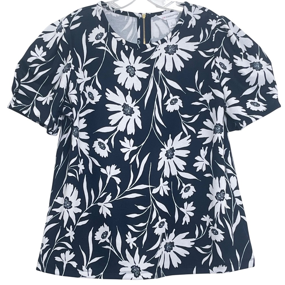 Liz Claiborne Womens‎ Floral Blouse Top L Navy White Short Puff Sleeve Zip Back